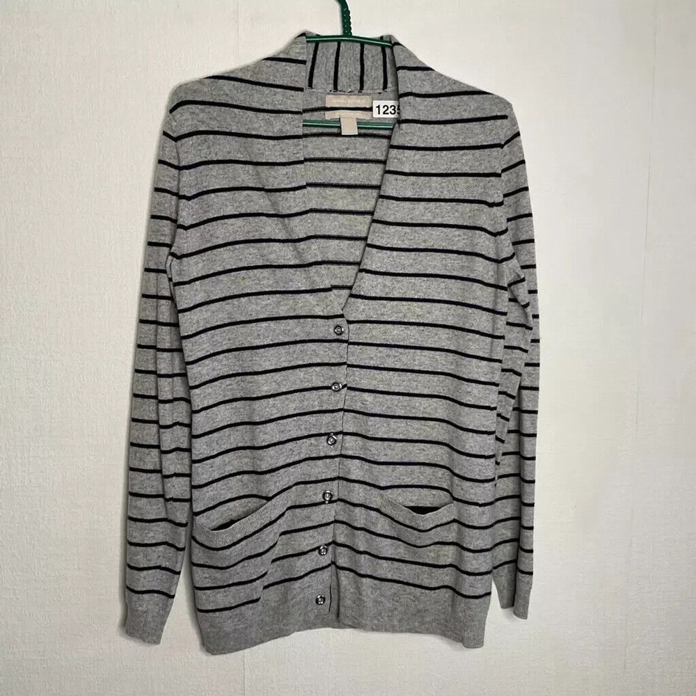 Banana Republic Gray/Navy Striped Pockets Button Front‎ Cardigan Women M China